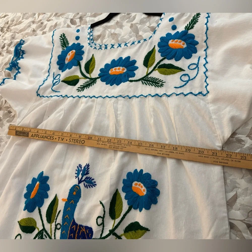 Mexican Style Hand Embroidered Dress - White  with Floral Accents - Picture 6 of 7